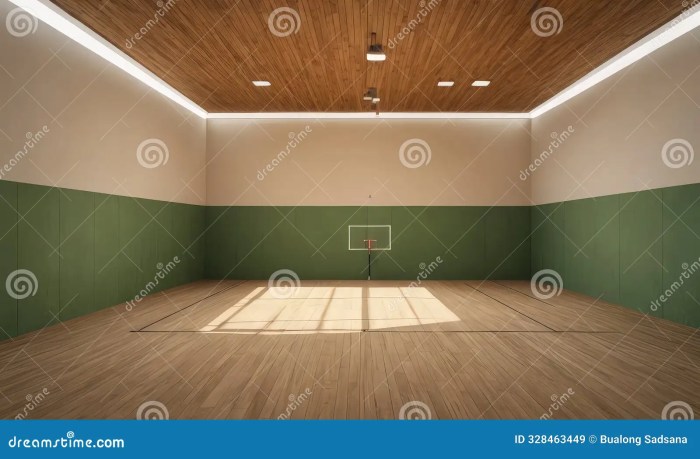 image depicts basketball court wooden floor green walls empty hoop positioned center ceiling features panels 328463449 1 - FAQ Lantai Lapangan Basket Panduan Lengkap